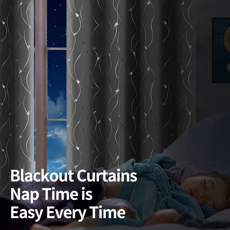 BGment Blackout Curtains 84 Inches Long  Grommet Thermal Insulated Blackout Curtains with Wave Line and Dots Printed for Bedroom  2 Panels  Each 38 x 84 Inch  Dark Grey - Image 3