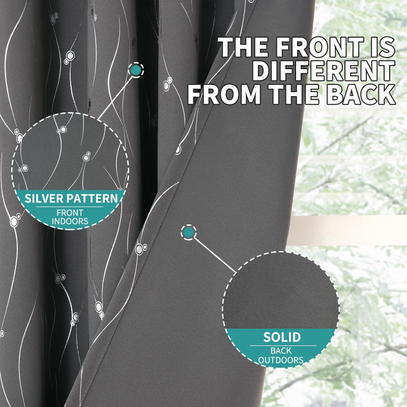 BGment Blackout Curtains 84 Inches Long  Grommet Thermal Insulated Blackout Curtains with Wave Line and Dots Printed for Bedroom  2 Panels  Each 38 x 84 Inch  Dark Grey - Image 4