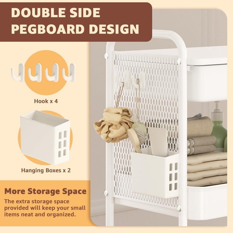 HIDODO 3 Tier Rolling Cart with Drawer, Metal Rolling Utility Cart on Wheels with Pegboard, Art Cart Storage Organizer with Tabletop for Living Room, Office, Bedroom (White) - Image 3
