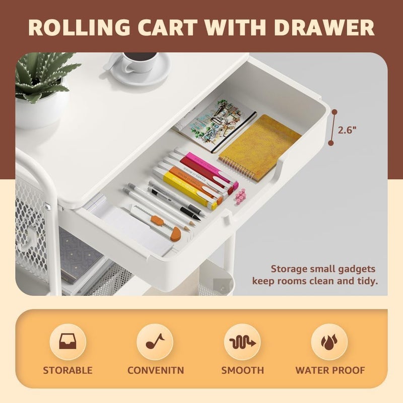 HIDODO 3 Tier Rolling Cart with Drawer, Metal Rolling Utility Cart on Wheels with Pegboard, Art Cart Storage Organizer with Tabletop for Living Room, Office, Bedroom (White) - Image 2