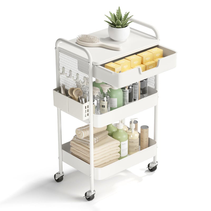 HIDODO 3 Tier Rolling Cart with Drawer, Metal Rolling Utility Cart on Wheels with Pegboard, Art Cart Storage Organizer with Tabletop for Living Room, Office, Bedroom (White) - Image 1