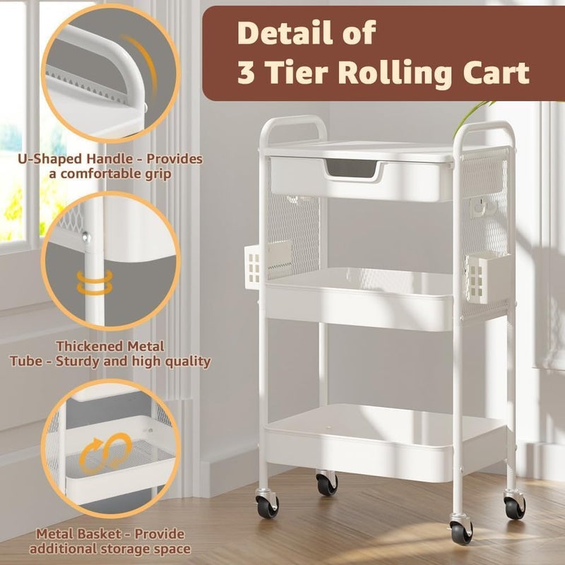HIDODO 3 Tier Rolling Cart with Drawer, Metal Rolling Utility Cart on Wheels with Pegboard, Art Cart Storage Organizer with Tabletop for Living Room, Office, Bedroom (White) - Image 5