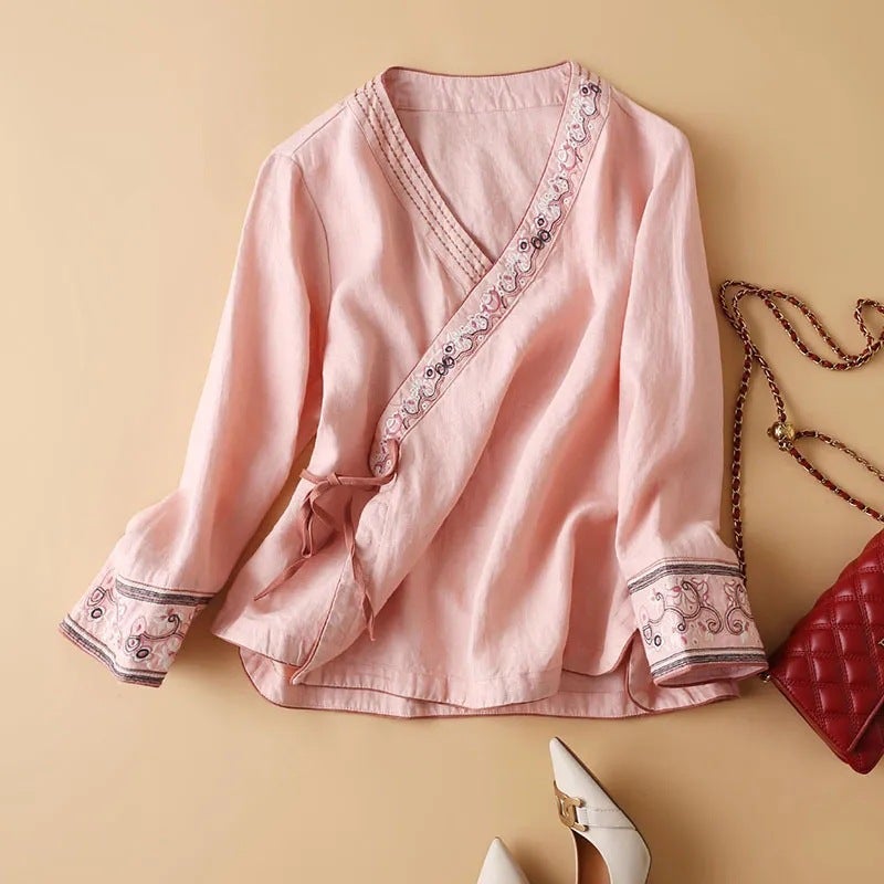 Summer 2024 New Embroidered Cotton and Hemp Shirt Thin Chinese Style Top Elegant Nine-point Sleeve Lace-up Loose Womens Shirt Navy  - Image 2
