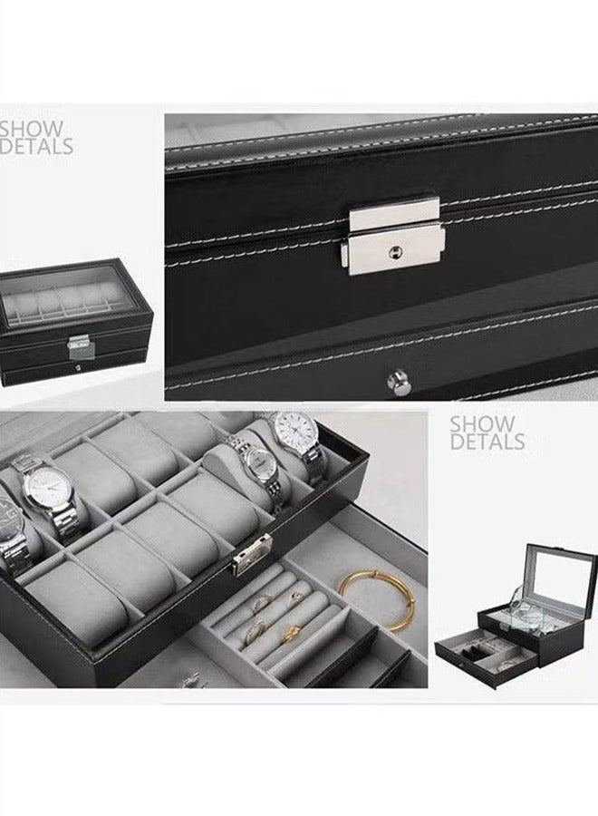 Double-layer watch box with jewelry organizer drawer for women and men, PU leather watch collection box with glass lid and removable pillow - Image 3