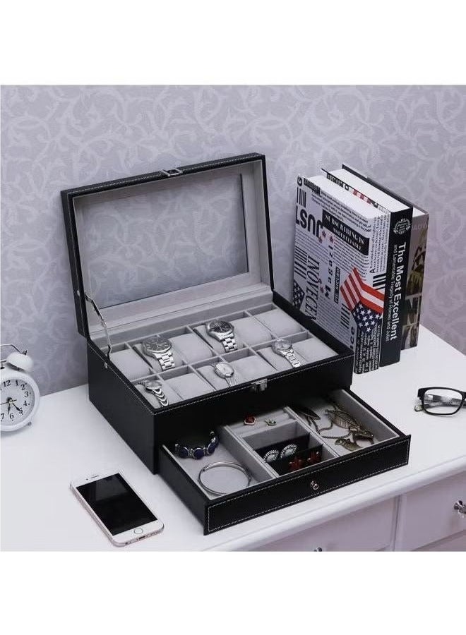 Double-layer watch box with jewelry organizer drawer for women and men, PU leather watch collection box with glass lid and removable pillow - Image 1