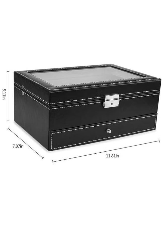 Double-layer watch box with jewelry organizer drawer for women and men, PU leather watch collection box with glass lid and removable pillow - Image 2