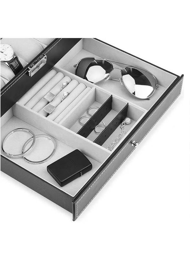 Double-layer watch box with jewelry organizer drawer for women and men, PU leather watch collection box with glass lid and removable pillow - Image 5