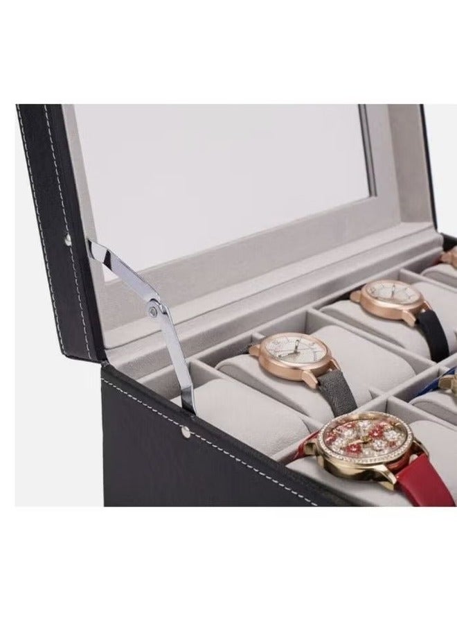 Double-layer watch box with jewelry organizer drawer for women and men, PU leather watch collection box with glass lid and removable pillow - Image 4