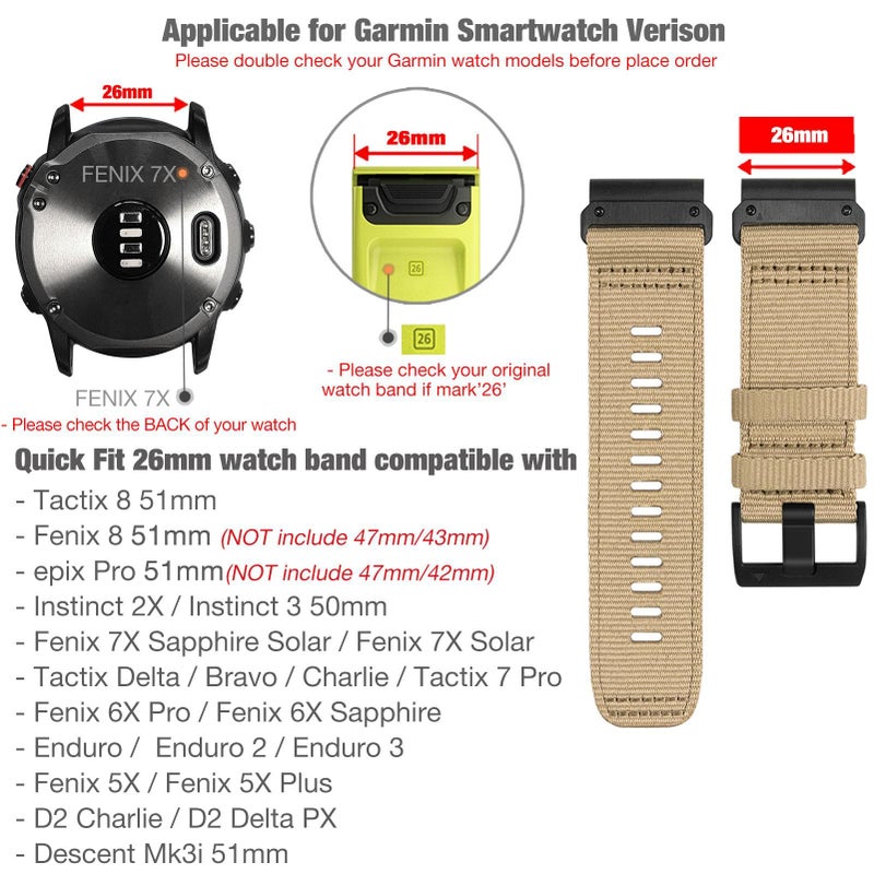 Abanen Rugged Nylon Watch Bands for Garmin Fenix 7X / Fenix 6X / Fenix 5X/Enduro 2, Quick Fit 26mm Adjustable Woven Nylon Sports Wrist Strap with Stainless Steel Clasp for Tactix 7 Pro, epix Pro 51mm - Image 2