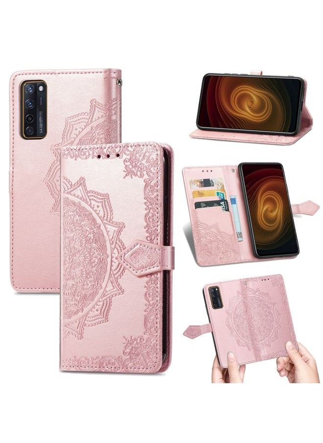 HuHa Case Cover For ZTE Axon 20 5G Mandala Flower Embossed Horizontal Flip Leather Case with Holder & Three Card Slots & Wallet & Lanyard(Rose Gold) 