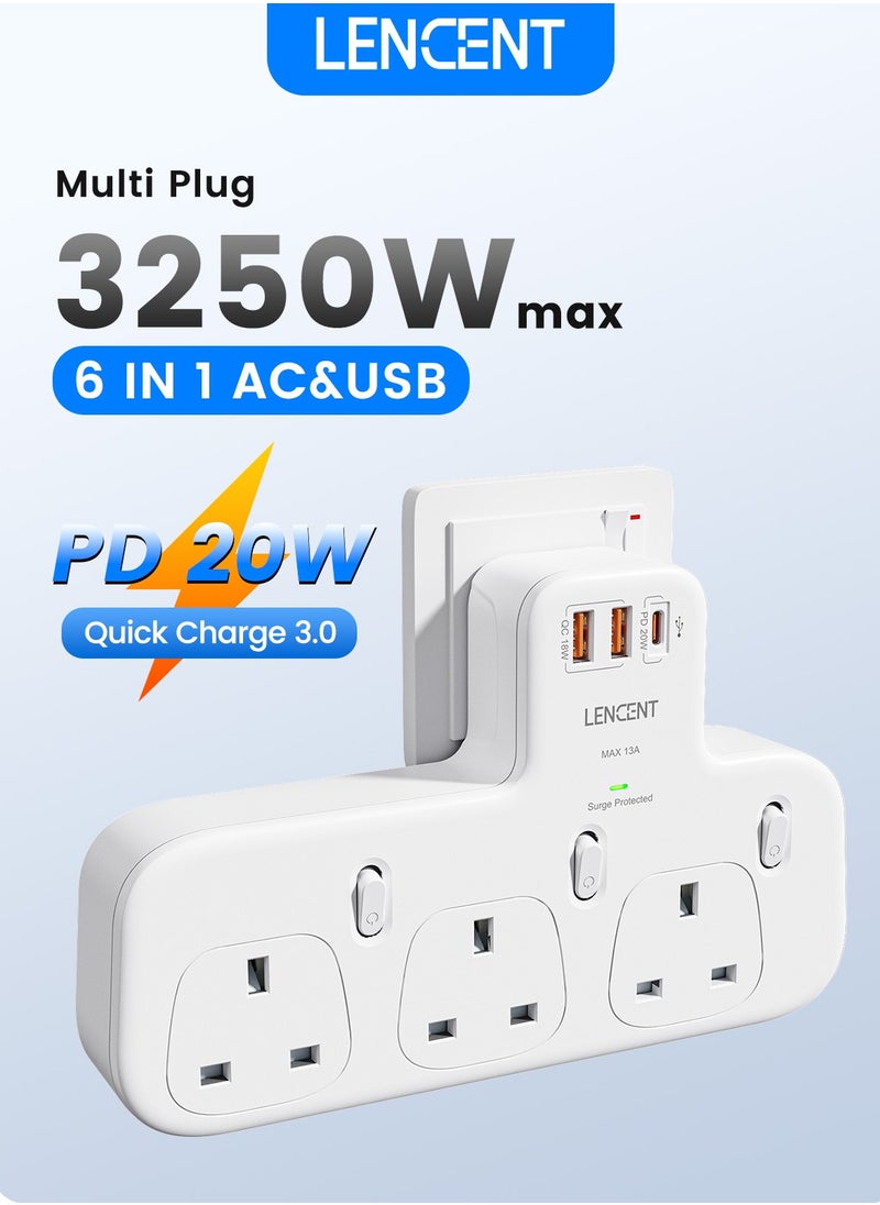 لينسينت وصلة توصيل LENCENT ثلاثية الاتجاهات مع PD 20 وات USB-C و2 USB-A QC 3.0، محول متعدد التوصيل في المملكة المتحدة مع مفاتيح فردية، مقبس حائط موسع للقابس المحمي، 13 أمبير 3250 وات  - Image 1