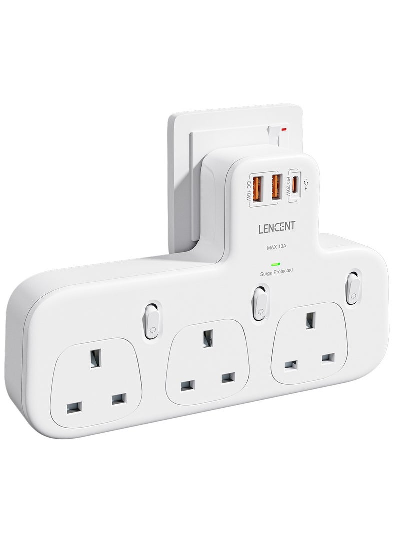 لينسينت وصلة توصيل LENCENT ثلاثية الاتجاهات مع PD 20 وات USB-C و2 USB-A QC 3.0، محول متعدد التوصيل في المملكة المتحدة مع مفاتيح فردية، مقبس حائط موسع للقابس المحمي، 13 أمبير 3250 وات  - Image 2