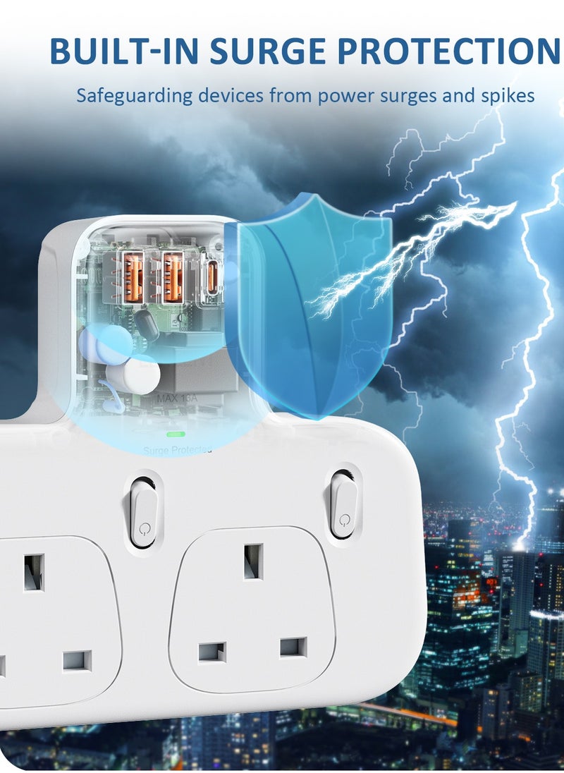 لينسينت وصلة توصيل LENCENT ثلاثية الاتجاهات مع PD 20 وات USB-C و2 USB-A QC 3.0، محول متعدد التوصيل في المملكة المتحدة مع مفاتيح فردية، مقبس حائط موسع للقابس المحمي، 13 أمبير 3250 وات  - Image 4
