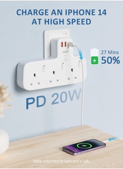 Lencent 6 IN 1 Plug Extension Adapter Surge Protector Power Strip,3 AC Outlets Sockets,2 USB-A QC 3.0 & 1 USB-C PD 20W Fast Charger,13A 3250W Triple UK Plug Extender USB Charging Station for Kitchen,Home Office Accessories White  - Image 4
