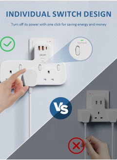 Lencent 6 IN 1 Plug Extension Adapter Surge Protector Power Strip,3 AC Outlets Sockets,2 USB-A QC 3.0 & 1 USB-C PD 20W Fast Charger,13A 3250W Triple UK Plug Extender USB Charging Station for Kitchen,Home Office Accessories White  - Image 5