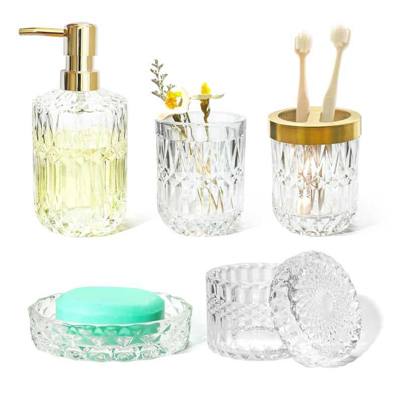 LaMarriti Glass Bathroom Accessories Set 5pcs Crystal Clear Bathroom Accessories Toothbrush Holder Set Lotion Dispenser Soap Dish Tumbler Qtips Holder Vintage Bathroom Decor