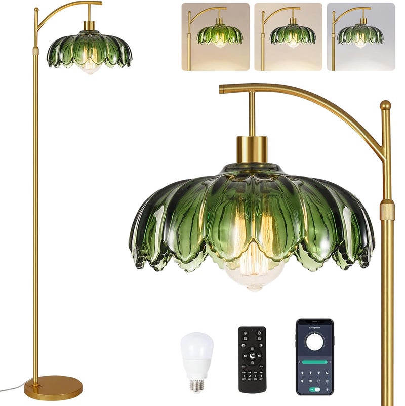 ILLMTW Gold Floor Lamp for Living Room,Bedroom,Mid Century Modern Standing Lamp with Remote,Dimmable Brass Tall Lamp Vintage Retro Green Glass Arc Floor Flower Floor Light Boho Bohemian - Image 1