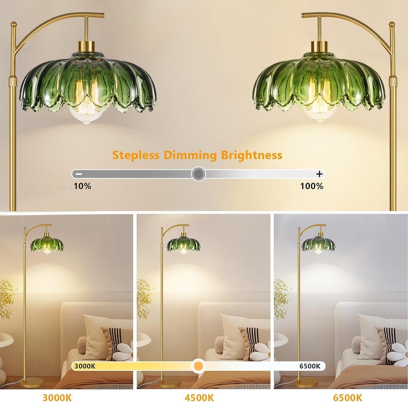 ILLMTW Gold Floor Lamp for Living Room,Bedroom,Mid Century Modern Standing Lamp with Remote,Dimmable Brass Tall Lamp Vintage Retro Green Glass Arc Floor Flower Floor Light Boho Bohemian - Image 2