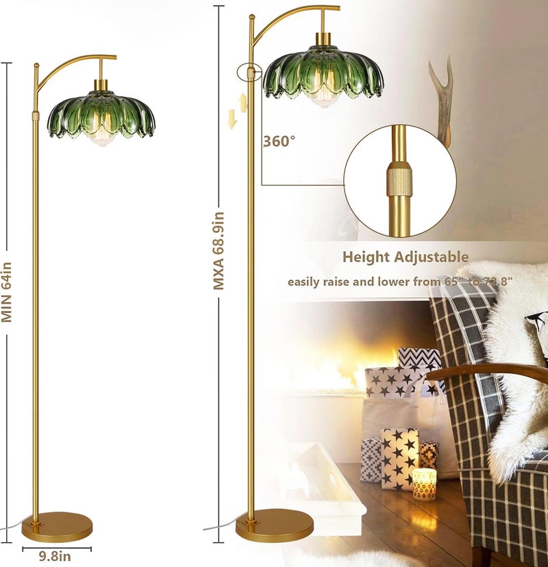 ILLMTW Gold Floor Lamp for Living Room,Bedroom,Mid Century Modern Standing Lamp with Remote,Dimmable Brass Tall Lamp Vintage Retro Green Glass Arc Floor Flower Floor Light Boho Bohemian - Image 5