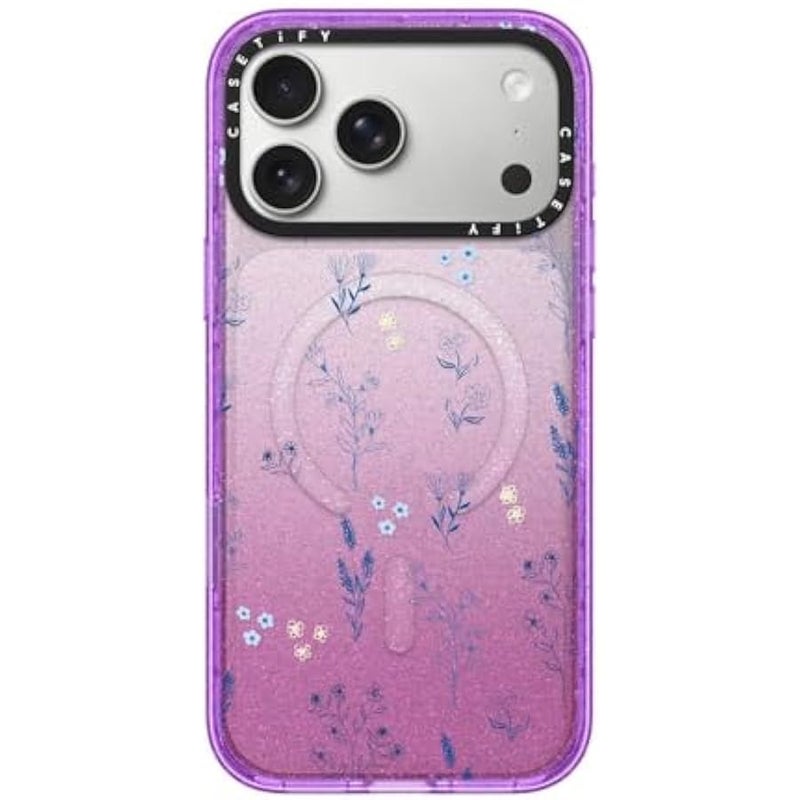 Casetify Impact iPhone 17 Pro Max Case 【Slim/Compatible with Magsafe / 8.2 ft. 4X Military Grade Drop Protection】 - Small Blue Flowers - Glitter Purple - Image 1