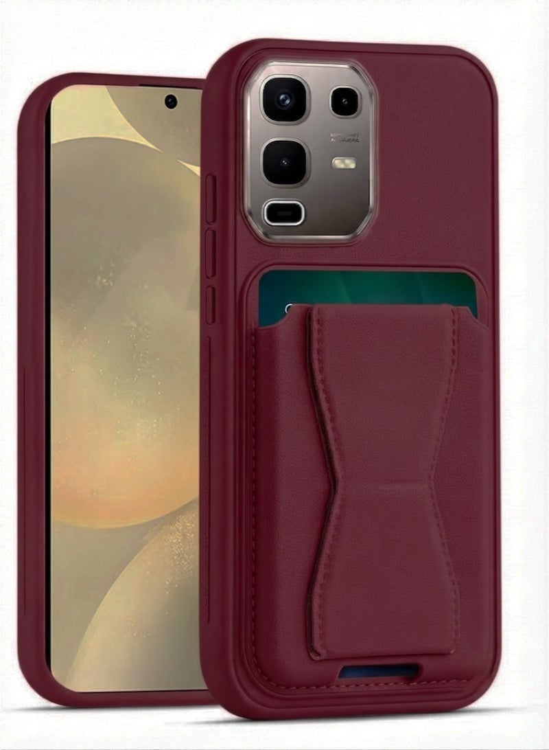 Leather back cover with card wallet Foldable Shockpoof Case compatible with Infinix Note 50s (Dark Red)