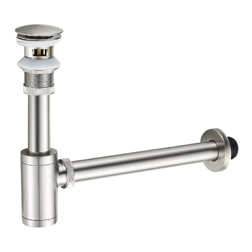 MENATT Bathroom Sink PTrap Complete Set Solid Brass 114 Bottle Trap Sink Drain Kit with Overflow Pop Up Drain Stopper Brushed Nickel - Image 1