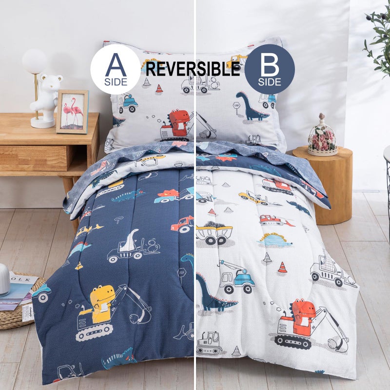 DJY 4 Pieces Cotton Toddler Bedding Set, Dinosaur Cars Reversible Toddler Bed Comforter Set for Kids Boys Girls, Includes Quilted Comforter, Flat Sheet, Fitted Sheet and Pillowcase - Image 2