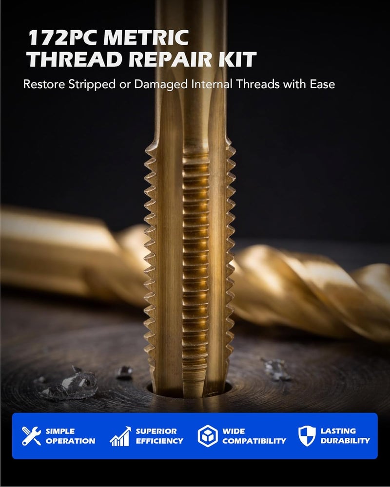 Orion Motor Tech مجموعة إصلاح الخيوط Orion Motor Tech، مجموعة إصلاح Helicoil المتري مع مثاقب HSS وأدوات إدراج الخيوط وأدوات التثبيت والقطع، مجموعة أدوات إعادة الخيوط المحمولة بمقاسات M5 وM6 وM8 وM10 وM12 - Image 2