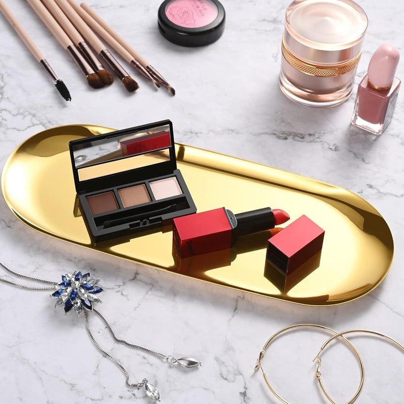 Bidponds 2 Pack Gold Oval Vanity Tray, Stainless Steel Jewelry Tray, Bathroom Tray, Makeup Cosmetic Trays,Towel Napkin Tray, Storage Organizer,11.8 x 4.8 inches (LxW),Large - Image 5