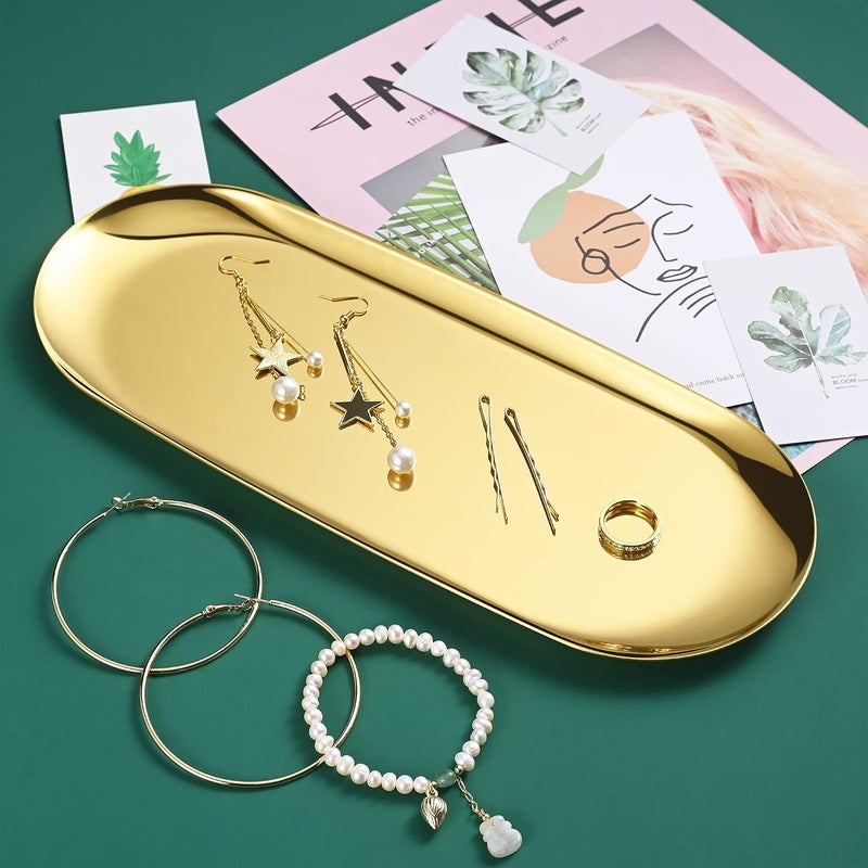 Bidponds 2 Pack Gold Oval Vanity Tray, Stainless Steel Jewelry Tray, Bathroom Tray, Makeup Cosmetic Trays,Towel Napkin Tray, Storage Organizer,11.8 x 4.8 inches (LxW),Large - Image 4