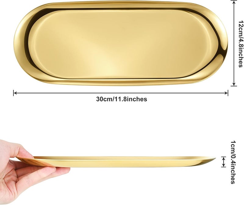 Bidponds 2 Pack Gold Oval Vanity Tray, Stainless Steel Jewelry Tray, Bathroom Tray, Makeup Cosmetic Trays,Towel Napkin Tray, Storage Organizer,11.8 x 4.8 inches (LxW),Large - Image 3