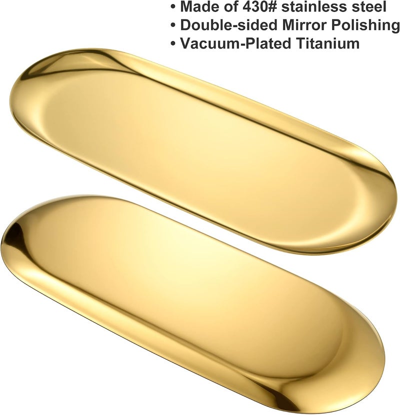 Bidponds 2 Pack Gold Oval Vanity Tray, Stainless Steel Jewelry Tray, Bathroom Tray, Makeup Cosmetic Trays,Towel Napkin Tray, Storage Organizer,11.8 x 4.8 inches (LxW),Large - Image 2