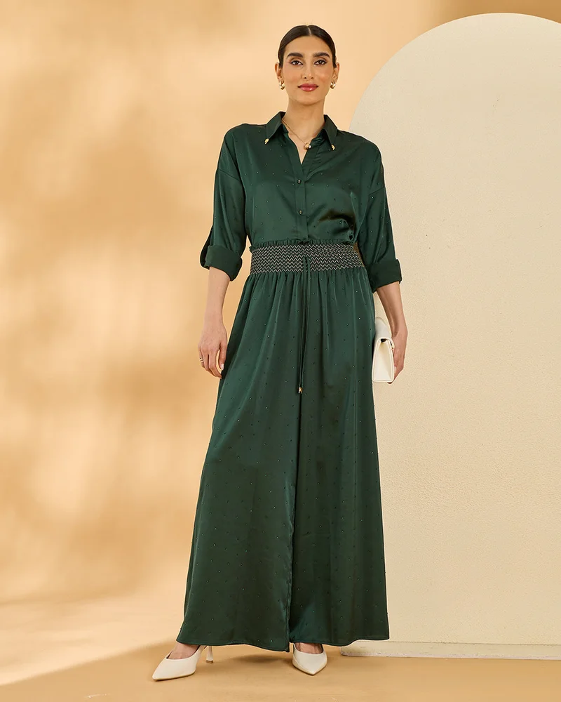 Redtag Women Green  Ruched Waist Flared Trousers