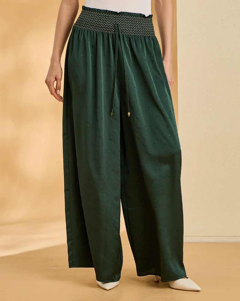 Redtag Women Green  Ruched Waist Flared Trousers