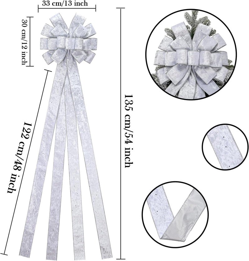 BUVANE Christmas Tree Topper,48x13 Inches Velvet Toppers Bow,Large Decorative Bows for Christmas Decoration (Silver) - Image 2