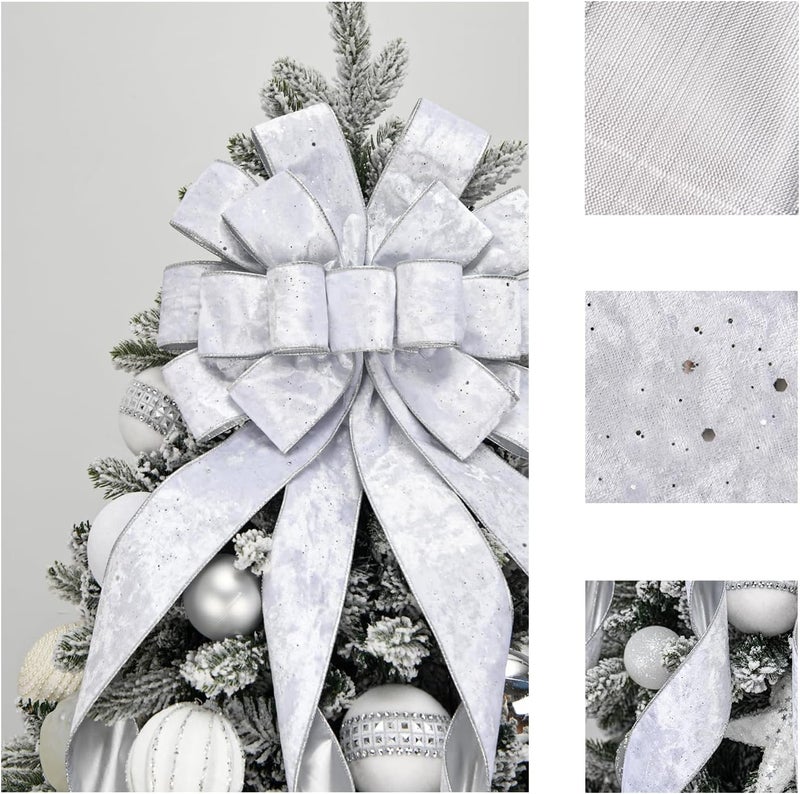 BUVANE Christmas Tree Topper,48x13 Inches Velvet Toppers Bow,Large Decorative Bows for Christmas Decoration (Silver) - Image 3