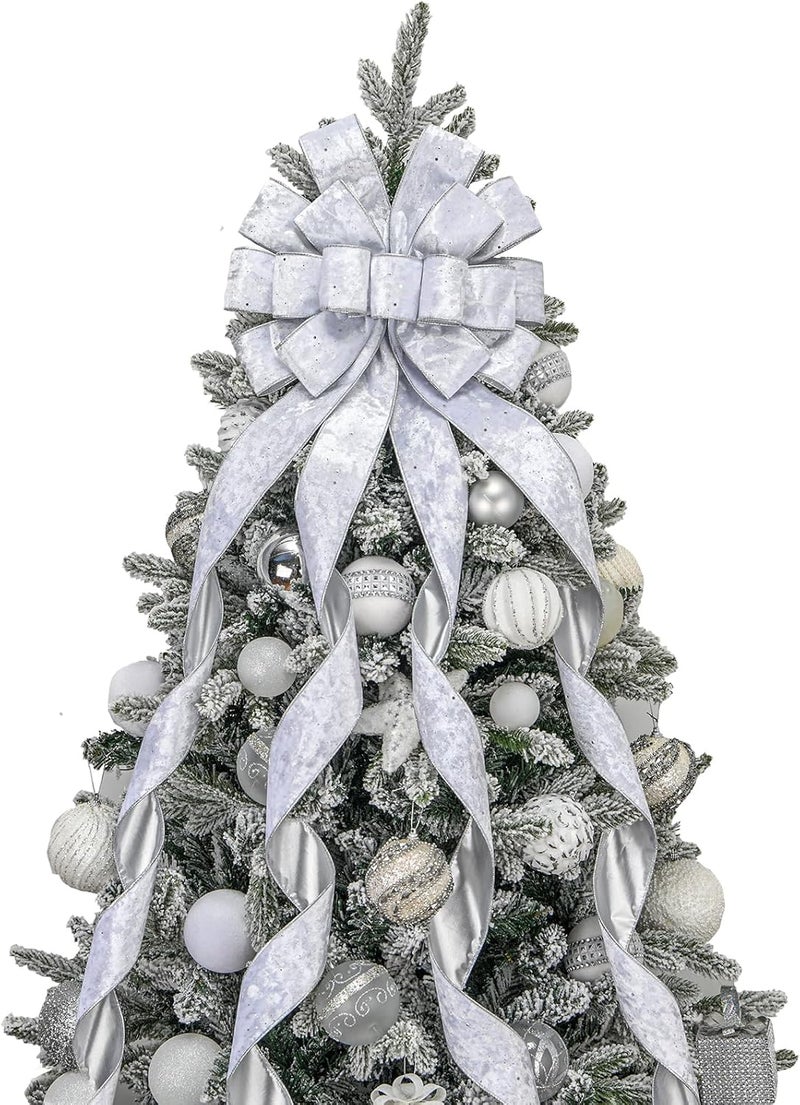 BUVANE Christmas Tree Topper,48x13 Inches Velvet Toppers Bow,Large Decorative Bows for Christmas Decoration (Silver) - Image 1