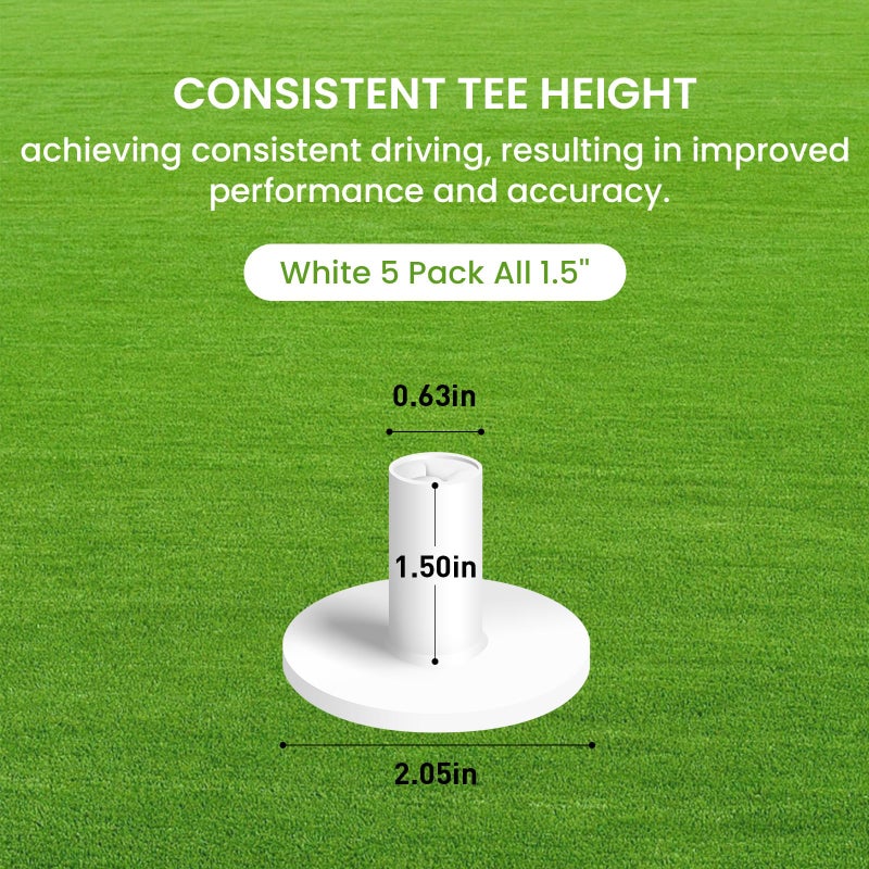 FINGER TEN Golf Rubber Tee Driving Range Value 5 Pack All 1.5'' for Indoor Outdoor Practice Mat, Tee Adaptor White Tee Holder Set for Hitting Mats (Pure White 5 Pack All 1.5'') - Image 2