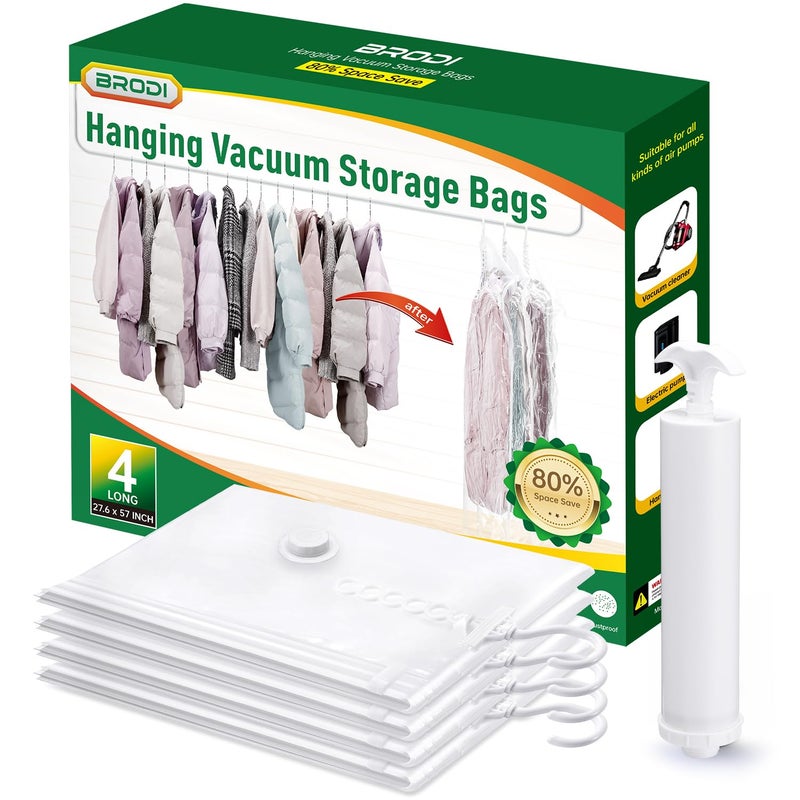 Brodi Hanging Vacuum Storage Bags For Clothes With Hand Pump,Coat Storage Bag Hanging,Vacuum Bags For Clothes,Space Saver Vacuum Storage Bags,Garment, Clothing, Dress, Suit, Long Coat, Jacket(Long 4 Packï¼‰ - Image 1