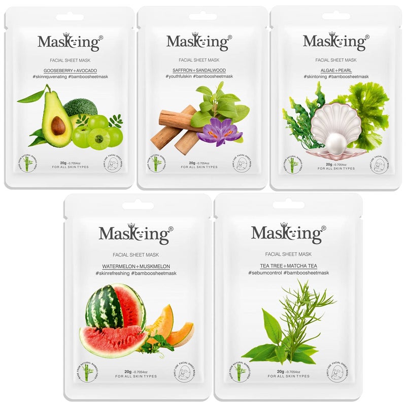 MasKing Bamboo Facial Sheet Mask of Gooseberry Saffron Algae Watermelon Tea Tree Ideal for Women Men 100ml Combo Pack of 5 - Image 1
