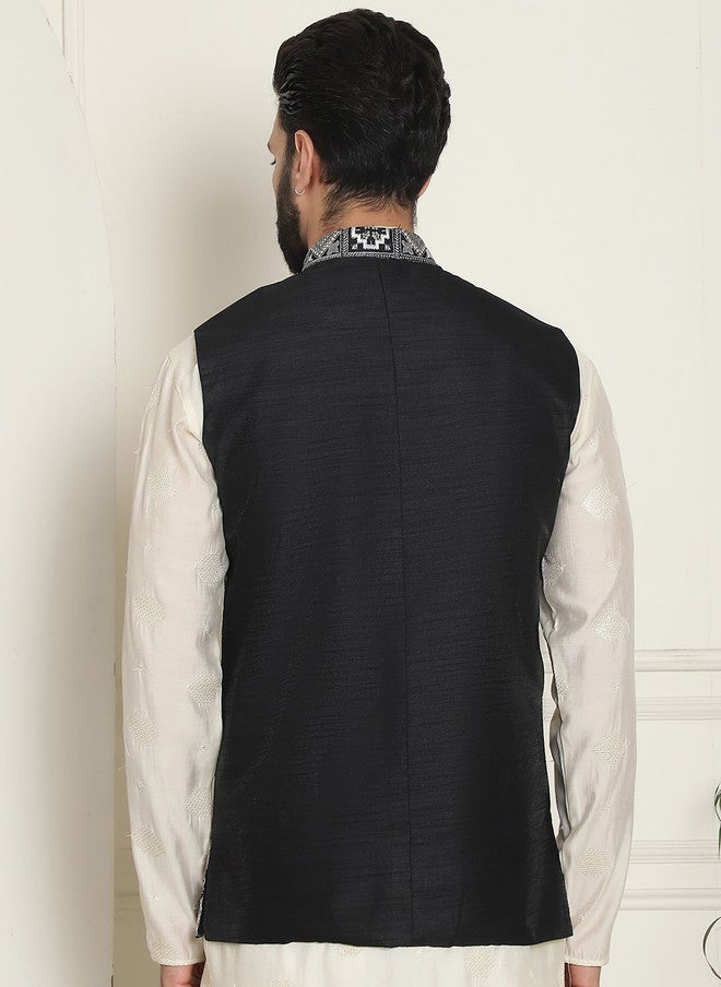 SOJANYA Black Embroidered Woven Nehru Jacket - Image 5