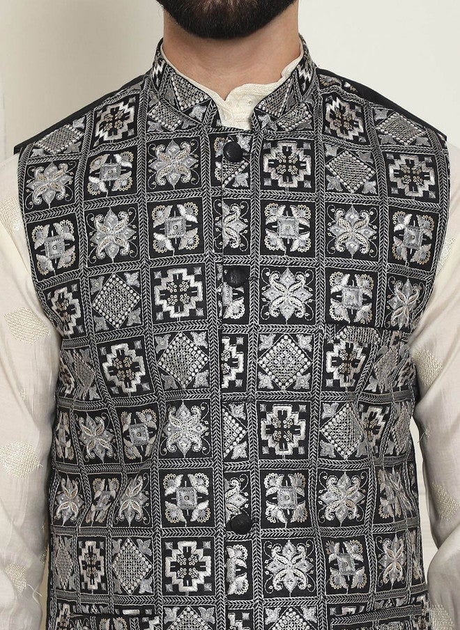 SOJANYA Black Embroidered Woven Nehru Jacket - Image 2