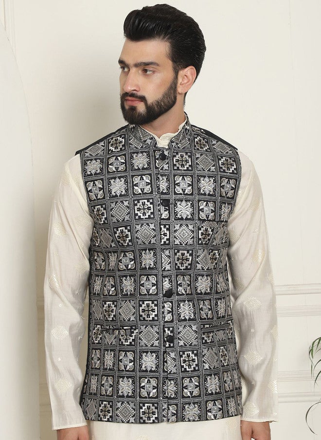 SOJANYA Black Embroidered Woven Nehru Jacket - Image 1