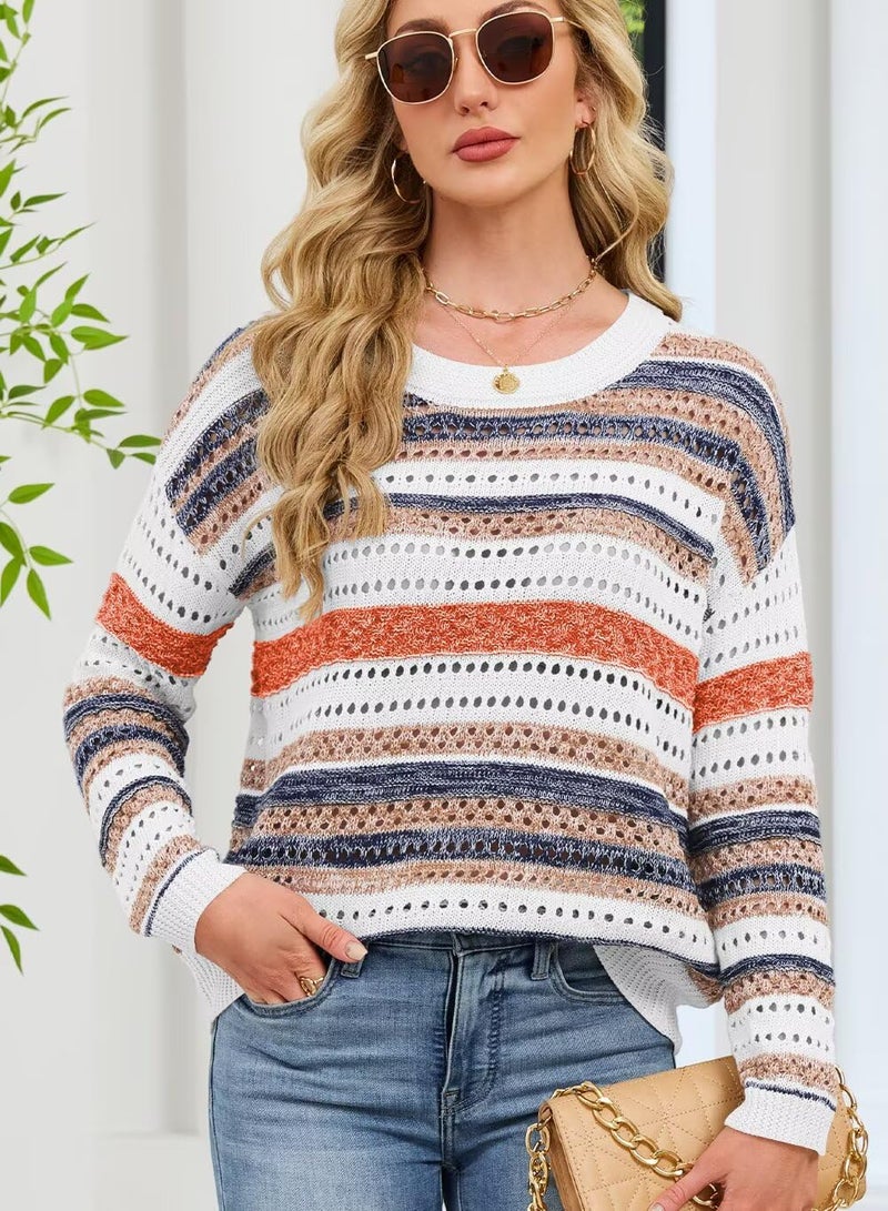 FEKOAFE Womens Causal Striped Color Block Crew Neck Long Sleeve Sweaters Pullover Fall Winter Sweaters Orange Stripe L - Image 3