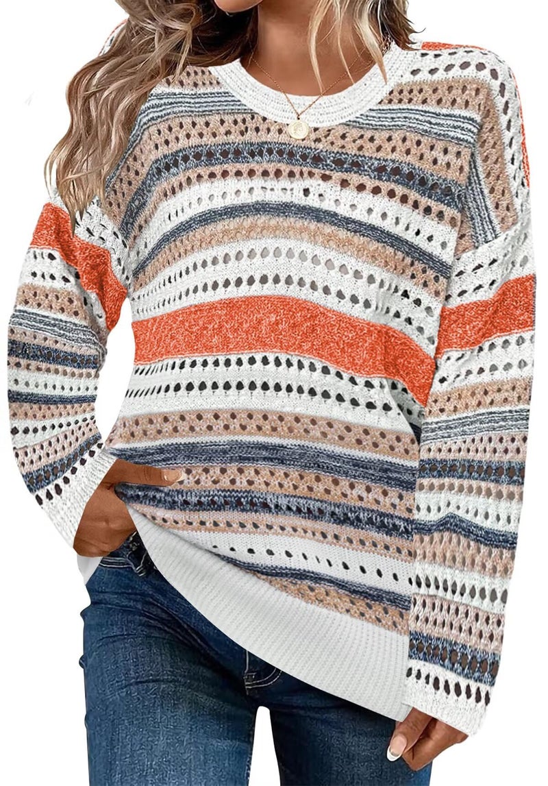 FEKOAFE Womens Causal Striped Color Block Crew Neck Long Sleeve Sweaters Pullover Fall Winter Sweaters Orange Stripe L - Image 1