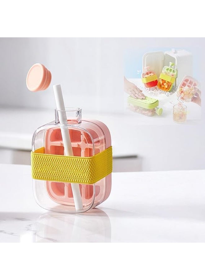 Ice Cube Bottle with Straw,2 in 1 Water Bottle Ice Cube Tray with Lid and Bin,Ice Cube Making Bottle for Home Outdoor Office Ice Making Freezer Coffee Juice Beverages (Pink 500) - Image 1