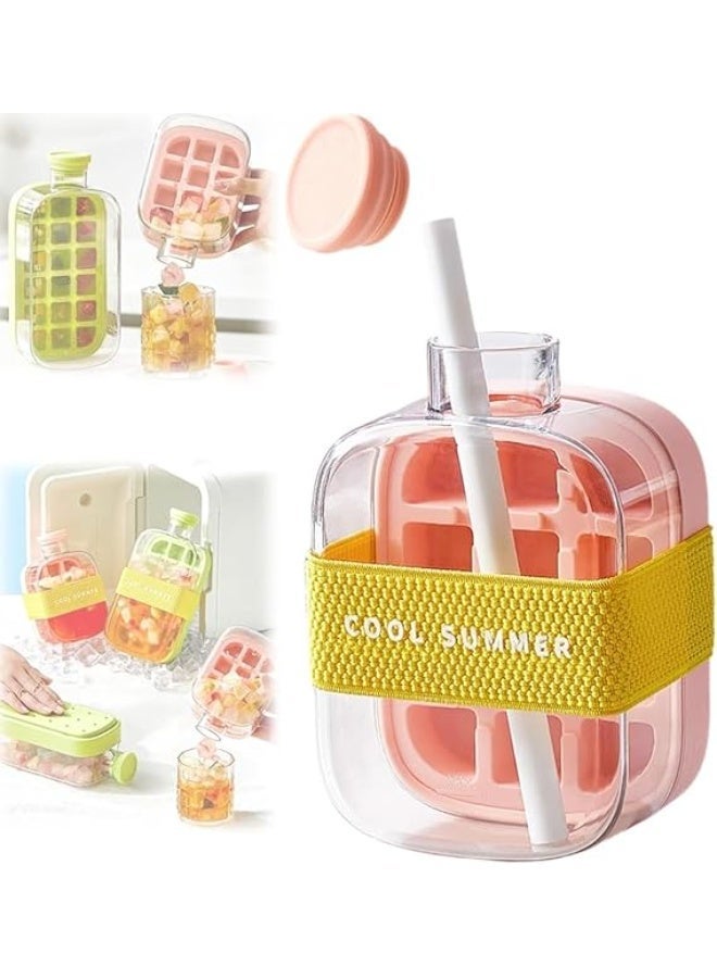 Ice Cube Bottle with Straw,2 in 1 Water Bottle Ice Cube Tray with Lid and Bin,Ice Cube Making Bottle for Home Outdoor Office Ice Making Freezer Coffee Juice Beverages (Pink 500) - Image 2