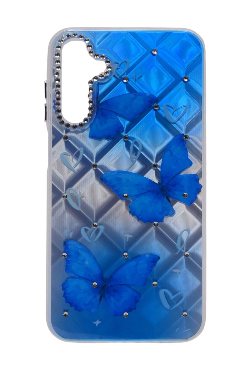 CFS TPU Butterflies Printed Back Cover Case with Rhinestone Camera Border For Samsung Galaxy A15 - Blue Transparent - Image 1