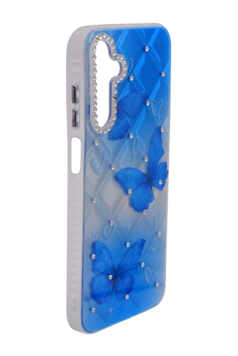 CFS TPU Butterflies Printed Back Cover Case with Rhinestone Camera Border For Samsung Galaxy A15 - Blue Transparent - Image 2