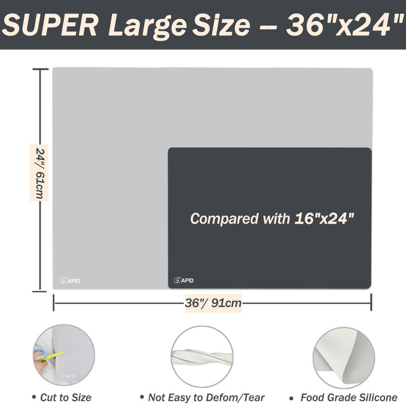 SAPID Extra Large Silicone Mat 36" x 24" Place Mats, Heat Resistant Mat for Kitchen Countertop Protector, Thick Placemats Washable Silicone Mats for Kitchen Counter Mat Dining Table Mat, Grey, Sapid - Image 2
